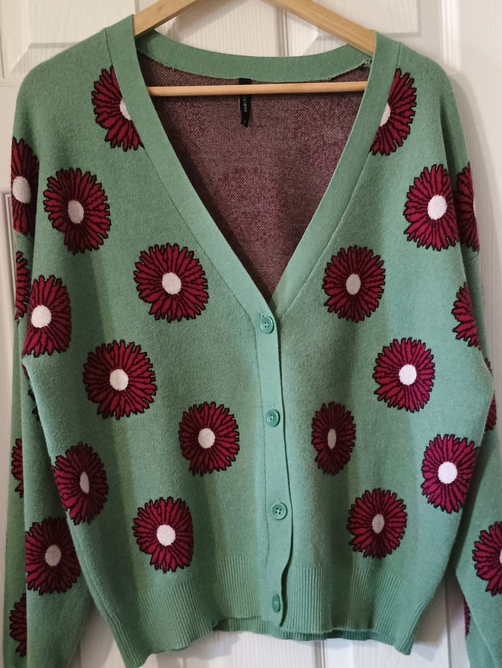 Calliope Sage Green Daisy Floral V-Neck Button Cardigan Sweater. Large